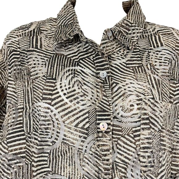 Chicos Womens Brown Button Down Sheer 3/4 Sleeve Mixed Media Shirt Top sz 2 / L - Picture 7 of 16